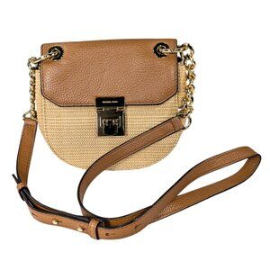 Michael Kors Cecelia Small Woven Raffia Brown Leather Flap Crossbody
